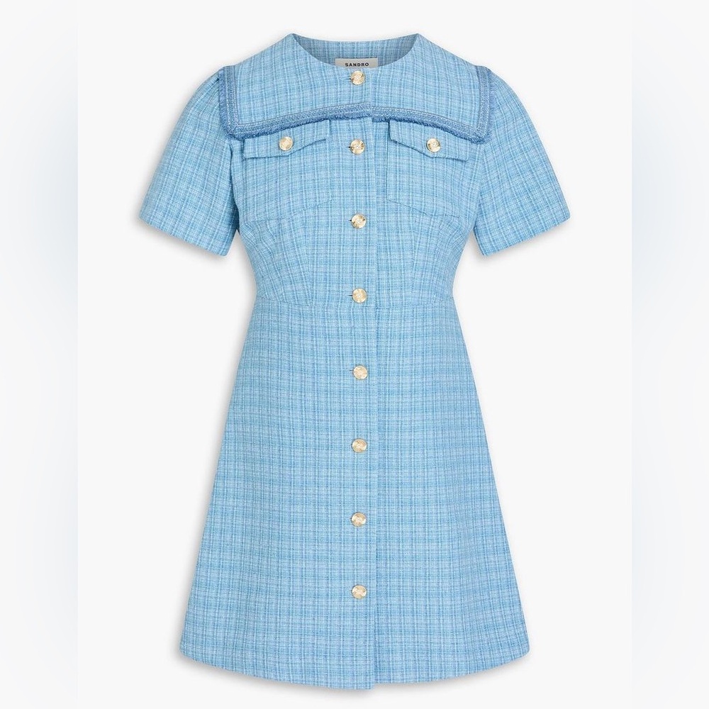 Sandro Short Gold Buttoned Tweed Dress Sky Blue Size 42